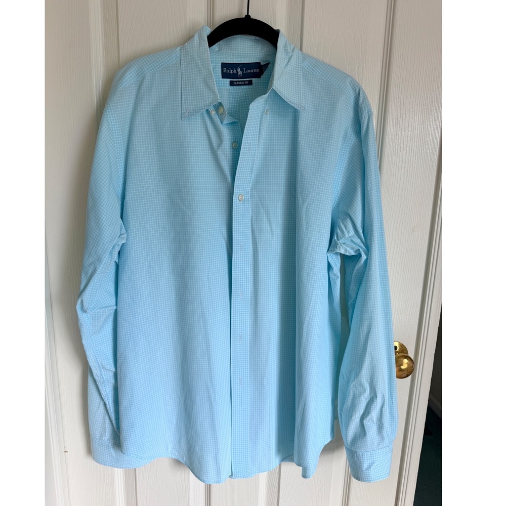 Ralph Lauren Mens Classic Fit Gingham Button Down Shirt Light Blue 16 34/35